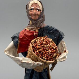 Vintage Mexican Paper Mache Woman With Corn Crate, 12 Inch Market Vendor Statue